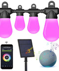 Solar Powered Outdoor String Lights 27ft RGB Color Changing, Dimmable Edison Bulbs with WiFi and Alexa, shown with pink lights.