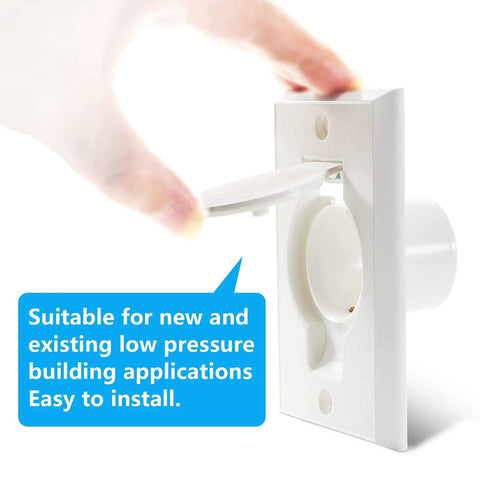 Central vacuum wall inlet cover plate, white with round door, front view; 2-pack.