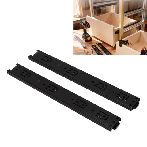 Full Extension Drawer Slides 14 Inch Pair With Ball Bearing Rails Side Mount Three Fold Full Extension Slide Rails For Dressing Table Wardrobe Cabinets Heavy Duty 100 Lb Capacity Smooth Quiet Operation Easy Install displayed next to wooden drawers in assembly workspace.