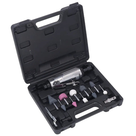 Heavy Duty Pneumatic Die Grinder Kit Featuring 22000 Rpm Air Powered Motor And Ten Piece Grinding Head Set in protective case.