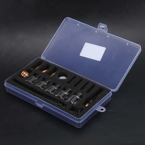 Upgrade Your Welding Game With This WP9 And WP20 Torch Consumables Kit Including Premium Glass Nozzles, Tungsten Clamps plus Silicone Rings For Smooth Argon TIG Guns And Rock Solid Gas Coverage Plus Clear Arc Visibility. WP9 WP20 TIG torch consumables kit in clear case with glass nozzles and clamps.