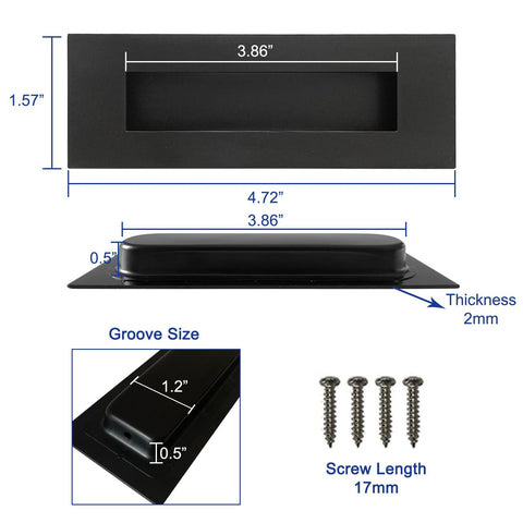 Dimensions and design of Recessed Finger Flush Pulls For Cabinets And Doors - 4.72 Inch Black Stainless Steel Brushed Rectangular Door Pull Hardware, 2 Pack