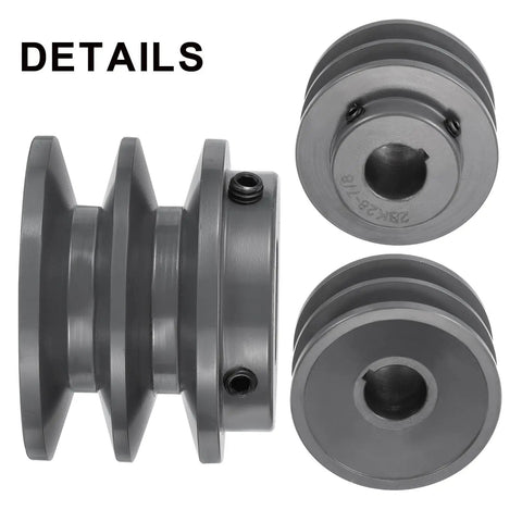 Heavy Duty Cast Iron V Belt Pulley With Double Groove Web Sheave Seven Eighths Inch Bore And 2.95 Inch Outer Diameter For 3L Or B Belts Bored To Size Built To Last With Keyways And Hollow Head Set Screws, front and side views