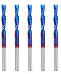 Front view of five 1/8-inch shank down-cut spiral CNC router bits with blue flutes and silver shanks