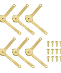 Gold Metal Lid Stay Hinge 2.7x0.3 Inches Six Pack Durable Rust Resistant with screws for kitchen and storage cabinets.