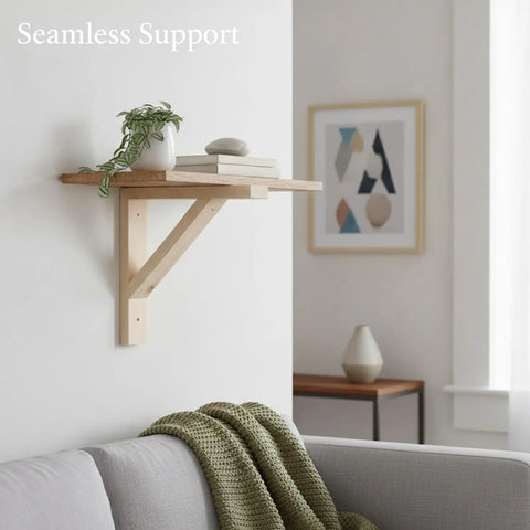 Solid Wood Shelf Bracket For Floating Shelves in living room supporting books and plant decor