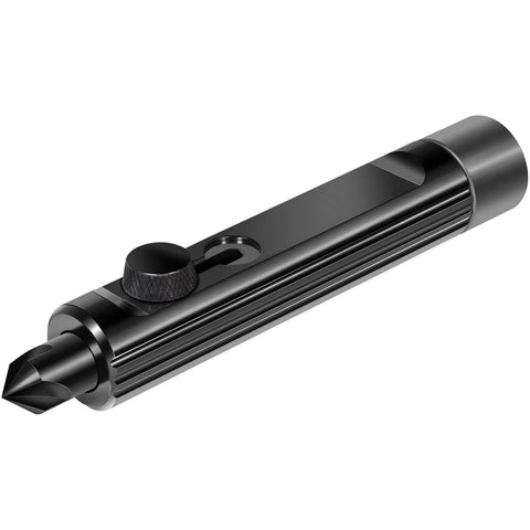 Tubing deburring tool, black metal with knurled knob, side view