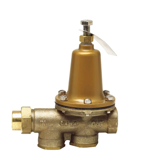 Watts LF25AUB-Z3 water pressure reducing valve, front view, brass body, 3/4 in NPT female unions, polymer seat