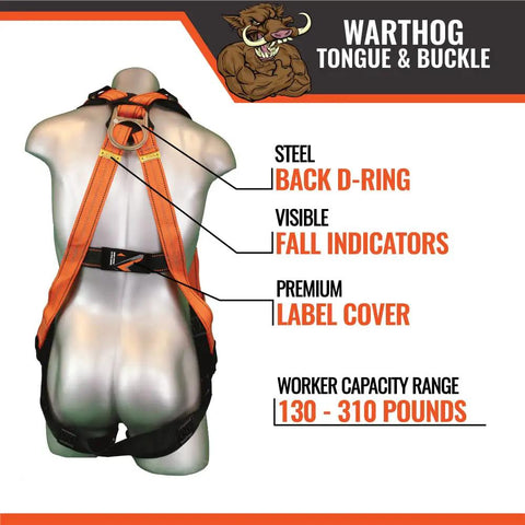 Full Body Safety Harness 3 Piece Fall Protection Kit With Tongue Buckle Legs, shown on mannequin with back D-Ring and label cover.
