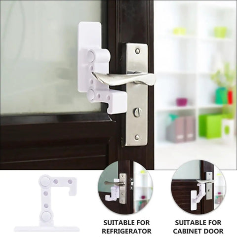 Kid Proof Cabinet And Appliance Door Lock In White Plastic With A Sturdy Lever That Latches Securely And Is Hard To Open