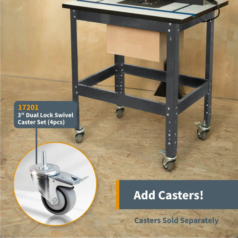Heavy Duty Router Table Workbench Built Tough As Nails With 400 Pound Load Capacity And Adjustable Leveling Feet For Peak Shop Flexibility And Power Tool Setup with optional 3 inch dual lock casters.
