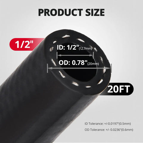 Half Inch Transmission Cooler Hose, 20 Feet Long, SAE J1532 Rated, 250 PSI, close-up showing 1/2 inch ID and 20 ft length