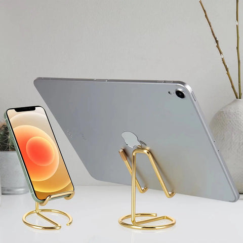 Gold Metal Phone Stand For Desk, Cute Desktop Holder For All Phones, iPhone, iPad, Hands Free Viewing, One Piece Design, No Assembly