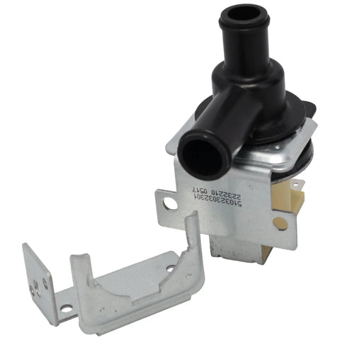 Ice Machine Solenoid Dump Valve Replacement No Fuss For 120V 50 60 Hz Models, black plastic with metal brackets.