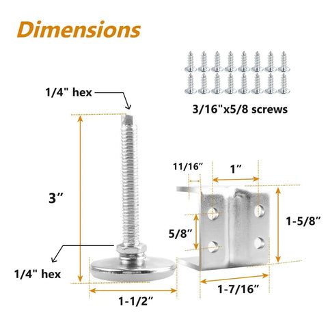 Dimensions of Heavy Duty U Shaped Bracket Leg Levelers Set With Non Marring Feet Adjustable Furniture Levelers including screw sizes