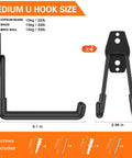 Four Pack Five Point One Inch Heavy Duty U Shaped Garage Hooks Wall Mounted Tool Organizer For Ladders Hoses Cords And Bulk Gear Durable Steel Storage System, showing dimensions and mounting options.
