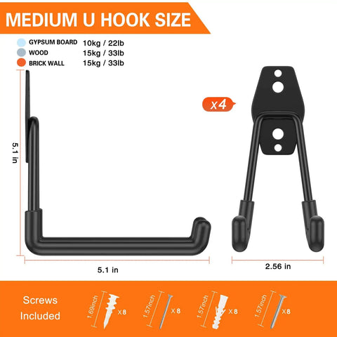 Four Pack Five Point One Inch Heavy Duty U Shaped Garage Hooks Wall Mounted Tool Organizer For Ladders Hoses Cords And Bulk Gear Durable Steel Storage System, showing dimensions and mounting options.