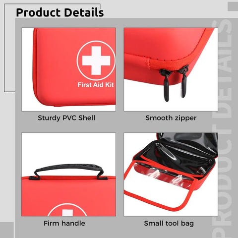 Waterproof EVA First Aid Organizer Kit For Family Use, large red PVC shell with smooth zipper and small tool bag shown