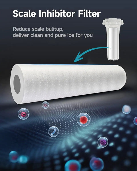 Scale inhibitor filter for Heavy Duty Commercial Ice Maker 800 Lbs Per Day With 300 Lbs Storage Bin, reduces scale buildup.