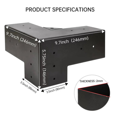 Beefed Up Three Way Right Angle Pergola Brackets Kit For 4x4 Posts with dimensions and thickness diagram