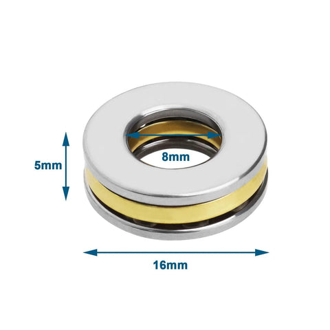Miniature thrust ball bearing, front view, chrome steel, 8mm ID x 16mm OD x 5mm thick.