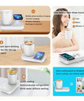 Dual Purpose Desktop Coffee Mug Warmer And Colder With 15W Fast Wireless Charging Pad For Travel Cups shown with tea and phone charging.