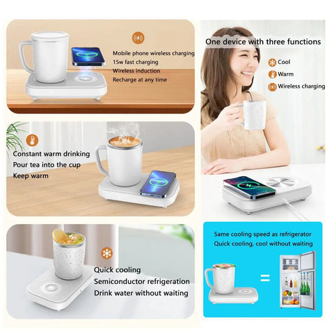 Dual Purpose Desktop Coffee Mug Warmer And Colder With 15W Fast Wireless Charging Pad For Travel Cups shown with tea and phone charging.