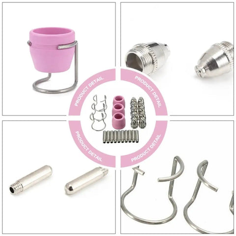 Premium Plasma Cutter Torch Consumables Kit With 10 Contact Tips And 10 Electrodes. Includes pink cap, metallic parts, and durable connectors.