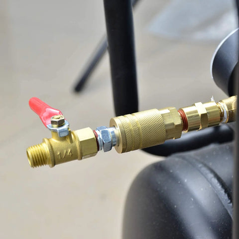 GASHER brass 1/4-inch NPT male industrial air coupler with quick-connect, side view, red valve lever.