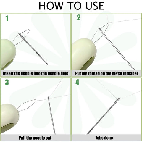 Instructions on using the 2 In 1 Needle Threader And Seam Ripper Kit For Sewing And Crafting, showing threading steps.