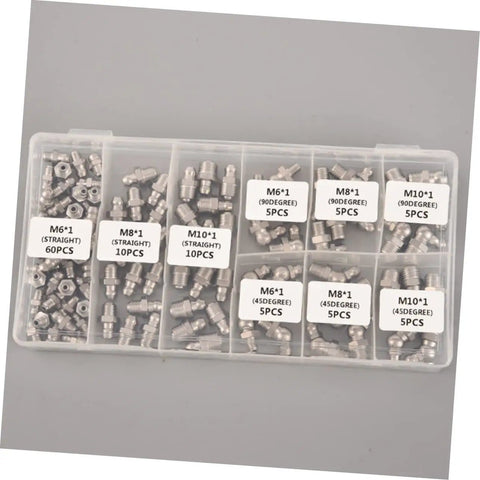 Grease Fitting Assortment Kit 10 Piece Set With Straight And Angled Nipples For Machines And Vehicles Sturdy Steel Construction