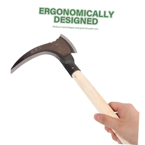 Hand holding Portable Manganese Sickle For Garden Weeding And Harvesting With Ergonomic Handle, highlighting design