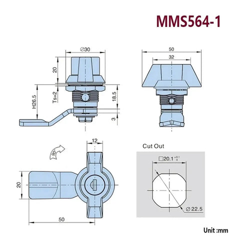 Cam Lock Handle For Storage Box Jewelry Case Mail Box Electronic File Cabinet Office Security Lock MS564H technical drawing
