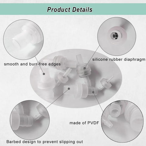 Front view of 28-pack plastic check valves; PVDF material with barbed plug-in fittings for liquids and gases
