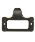 Front view of a single antique iron cup pull handle, bronze tone finish with subtle label frame card holder style.