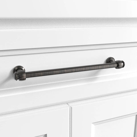 Milano Door And Drawer Pull 8 Inch Center-To-Center In Oil Rubbed Bronze installed on a white cabinet drawer