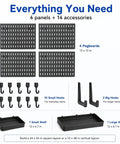 Heavy Duty Pegboard Wall Organizer Kit With Four 24x24 Panels, 60 Lb Total Load Capacity, Easy Installation, Includes 14 Accessories