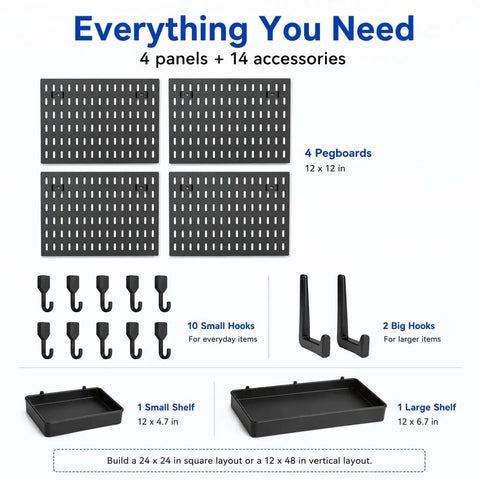 Heavy Duty Pegboard Wall Organizer Kit With Four 24x24 Panels, 60 Lb Total Load Capacity, Easy Installation, Includes 14 Accessories