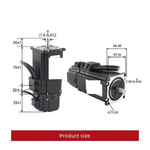 Servo motor with brake and CL57-BK driver, black NEMA23-style actuator with protruding shaft, side view.
