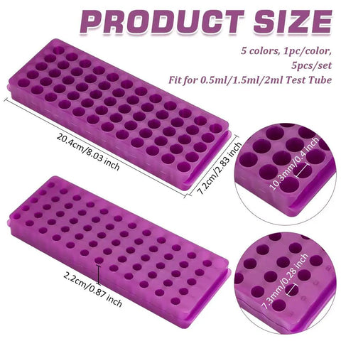 Polypropylene Microcentrifuge Tube Rack Set, 60 Well Double Panel Holder For Chemistry Lab And PCR, purple dimensions view