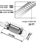 Close-up of 32Ft 304 Stainless Steel Hose Clamps DIY Kit with 25 heavy duty fasteners showing dimensions and details