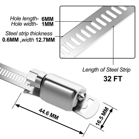 Close-up of 32Ft 304 Stainless Steel Hose Clamps DIY Kit with 25 heavy duty fasteners showing dimensions and details