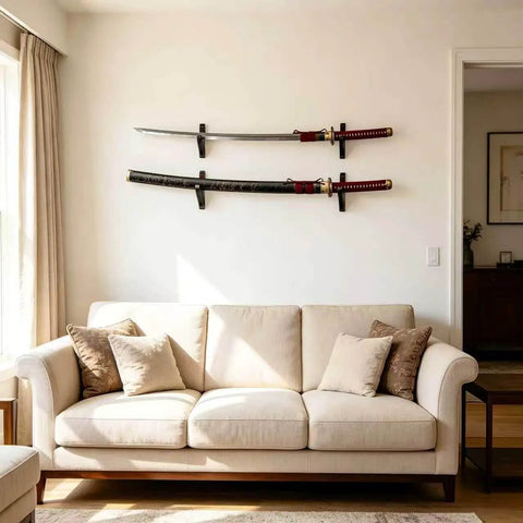 Dope Velvet Padded Sword Wall Mount Hanger For Katana Wakizashi Tanto Genji Daggers And Swords Adjustable 1.38 Inch Hook Width Easy Install Fits Samurai Weapon Rack Display On Wall. Velvet wall mount holds two swords above a beige couch in a living room setting.