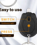 Six Pack 395nm Mini UV LED Keychain Flashlight Black Light For Detections Quick Urine And Bodily Fluid Spotting ID Card And Credit Card Checks Ultra Bright 12 Lumen Ultraviolet Light showing switch and press functions
