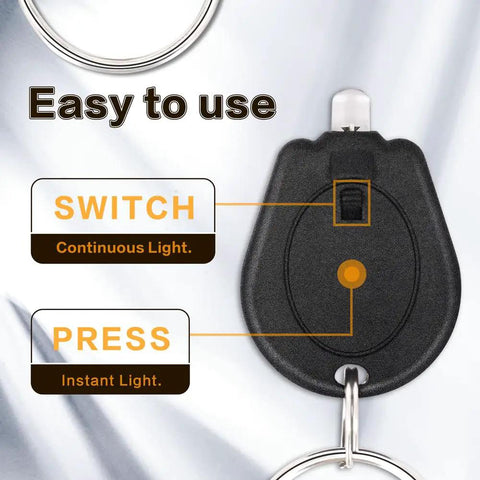 Six Pack 395nm Mini UV LED Keychain Flashlight Black Light For Detections Quick Urine And Bodily Fluid Spotting ID Card And Credit Card Checks Ultra Bright 12 Lumen Ultraviolet Light showing switch and press functions