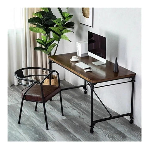 Mobile Computer Desk On Wheels With Smooth Gliding Casters Vintage Industrial Wood And Metal Frame Large Portable Writing Table for home office setup.