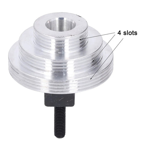 Aluminum mini lathe belt transition pulley with spindle for MX 210 WM 210, showing 4 slots for smoother belt shifts.