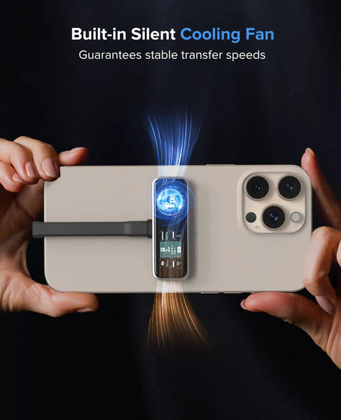 Magnetic Portable SSD 1TB with Built In Fan attached to iPhone, USB 3.2 Gen2, showcasing external drive with cooling fan.