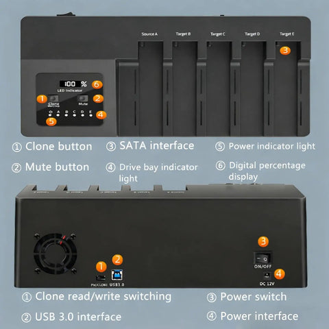 Top view of Slick 5 Bay Hard Drive Dock For 2.5 And 3.5 Inch Ssd And Hdd With Smooth Offline Cloning and easy controls.