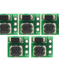 Front view of Five Pack 0.9-5V To 5V DC-DC Step Up Boost Converter Module Kit With 480mA Output for microcontrollers and projects